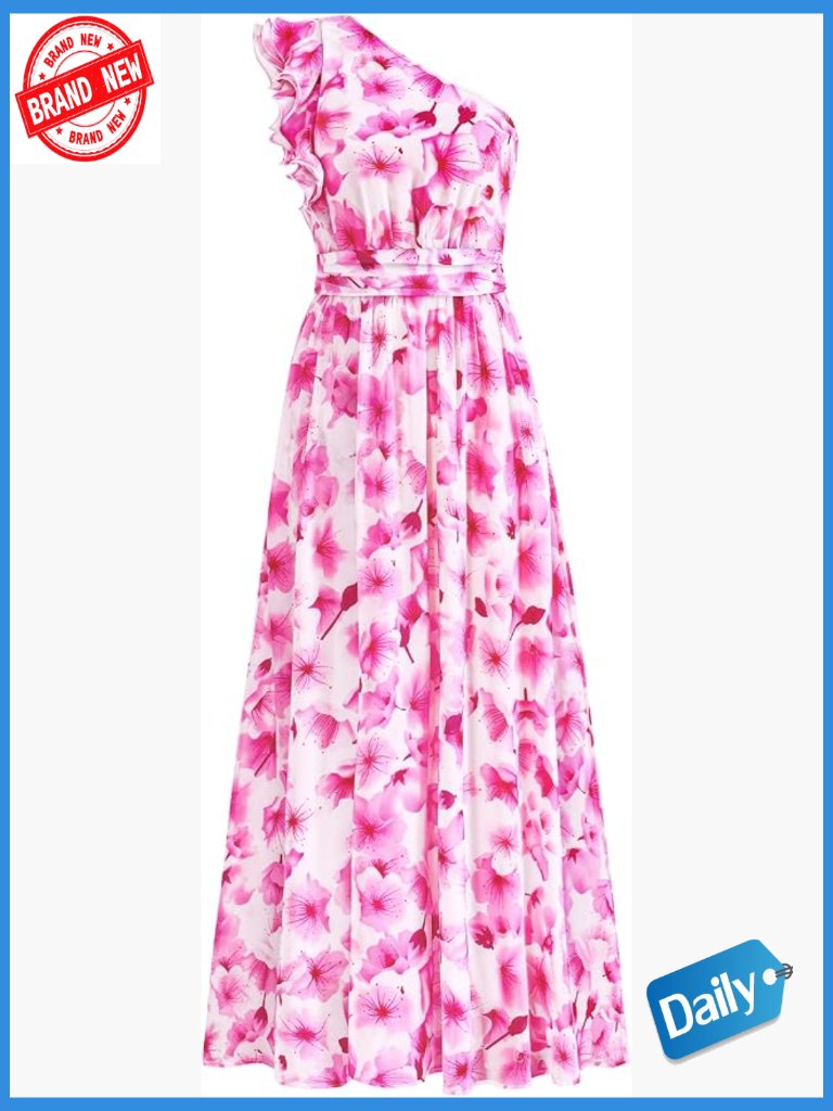 Sleeveless Smocked Maxi Dress One Shoulder Flowy Beach Wedding Guest
